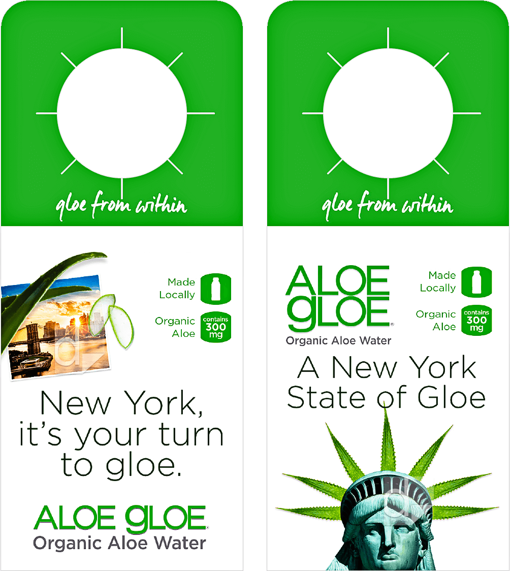 Double-sided bottle neckers printed and custom die cut on card stock by Dilco for Aloe Gloe