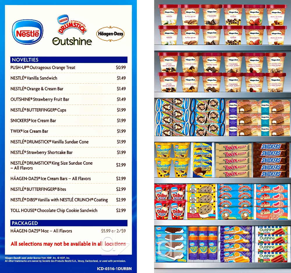 Double-Sided Freezer Cling Printed by Dilco for Nestlé with Pricing on the Front and Stocking Info on the Back.