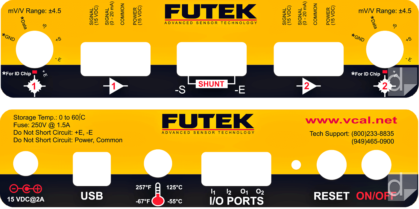 Polycarbonate Control Panel Overlays screen printed by Dilco for Futek, including die cut holes and adhesive.