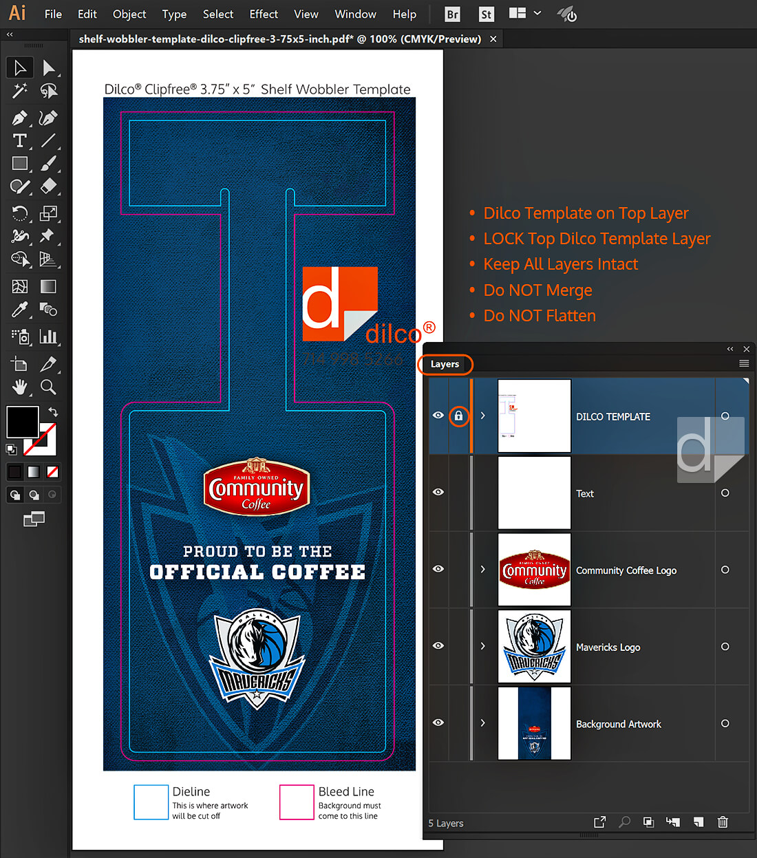 Screenshot from Illustrator of artwork on separate layers with Dilco template locked on top layer.