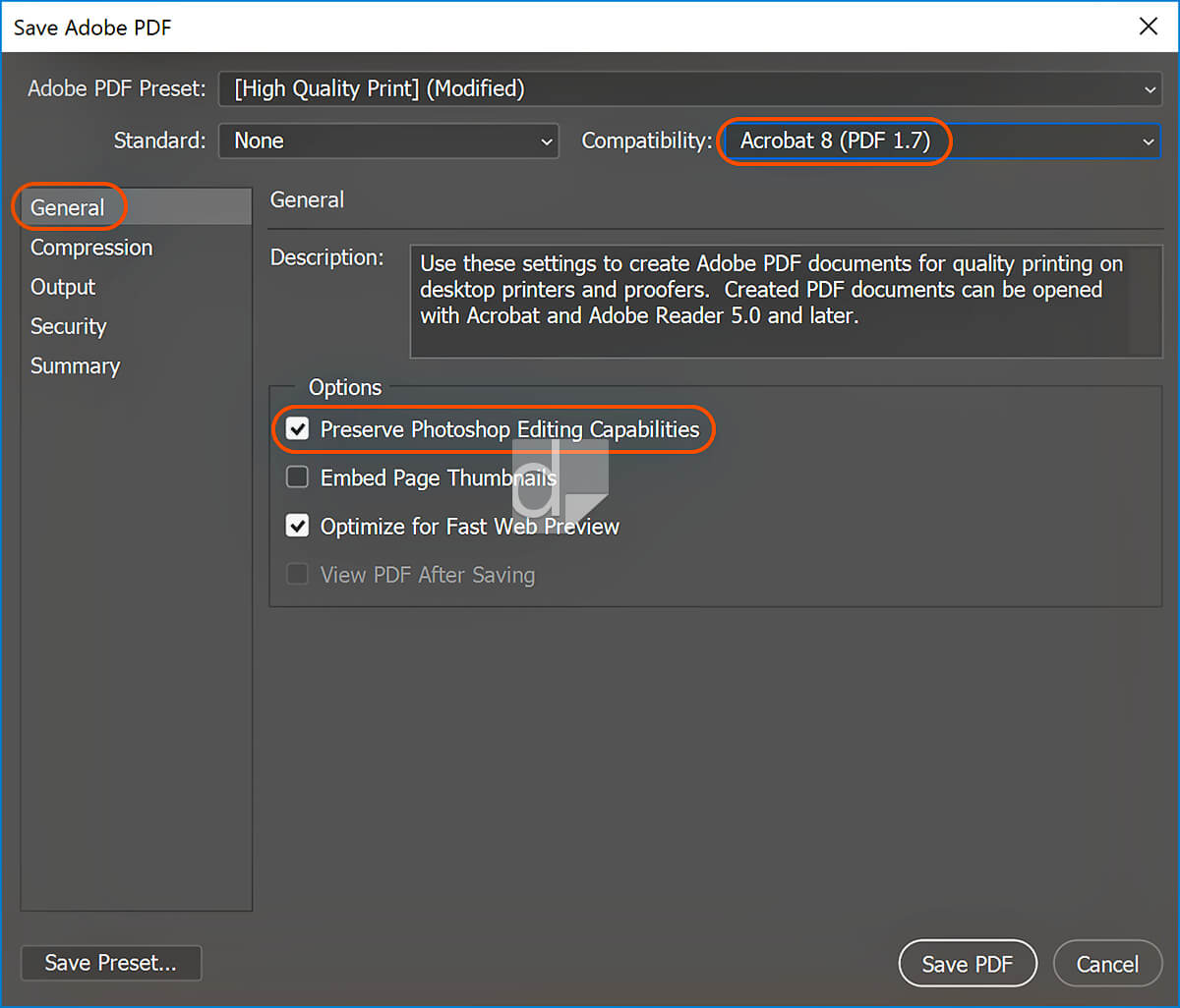 Settings for Save Adobe PDF General Tab.