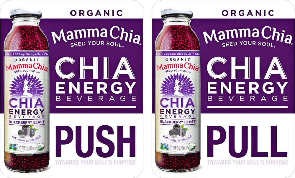 Double-sided door cling with Push and Pull printing by Dilco for Mamma Chia.